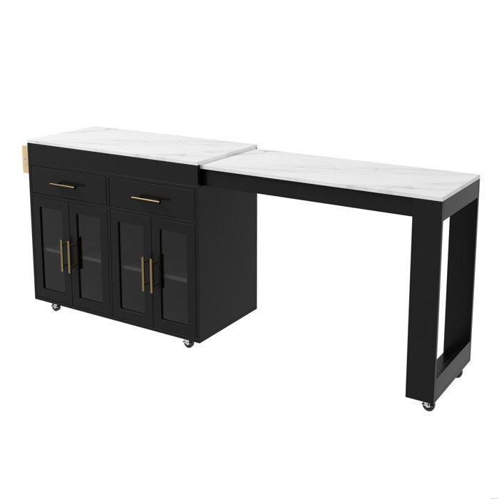 Îlot central mobile noir en MDF plan extensible 132 5-217 cm portes vitrées et 2 tiroirs