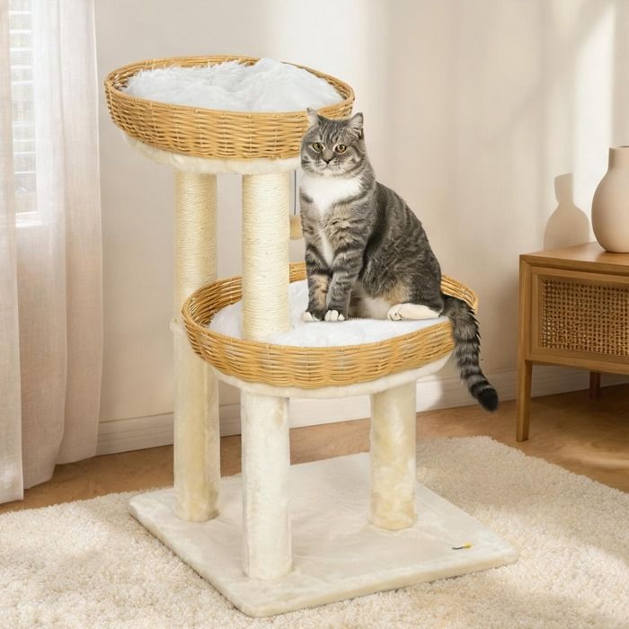Arbre à chat compact en panneau de particules soft beige avec 2 lits en rotin griffoirs en sisal et coussins lavables H755 cm