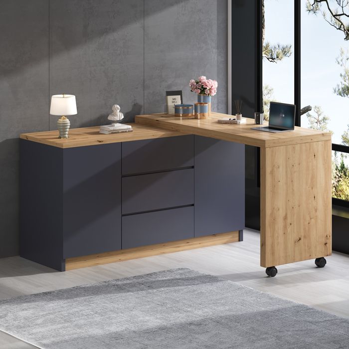 Bureau au design polyvalent avec plateau extensible 120 × 50 × 76.5 cm Gris et chêne