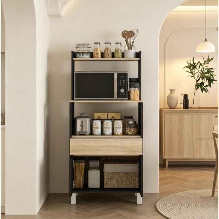 ELVORIN Meuble micro-ondes de cuisine 60 x 40 x 131 cm noir et chêne
