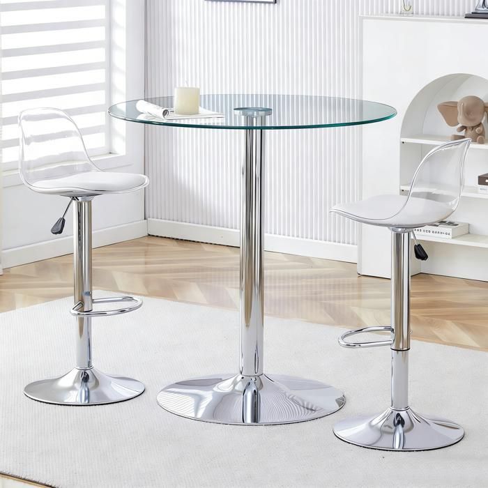 Ensemble table et chaises de bar - ZEVKOR - Table verre ronde Ø89 cm - Plateau verre transparent - 2 tabourets pivotants réglables