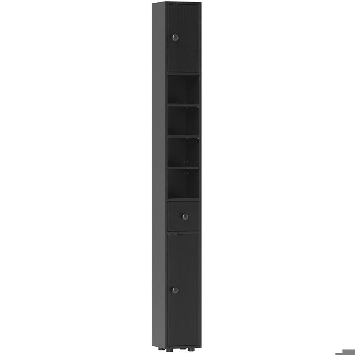 Colonne de salle de bain étroite 180 cm noire avec tiroir 4 étagères ouvertes 2 portes anti-basculement FOLYNA