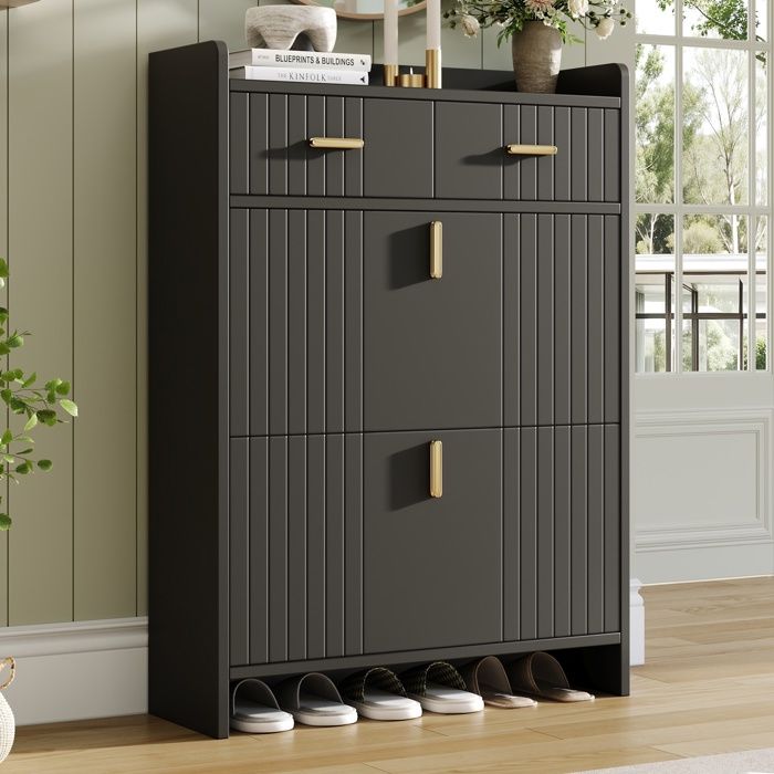 Meuble à Chaussures - 75x24x108 5cm - Meuble dEntrée Étroit avec 2 Tiroirs 2 Abattants Niche Ouverte - Noir et Doré