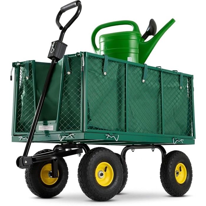 Chariot à Bras Chariot de Jardin avec pneus profilés Charge Max. 550kg Pliable Vert bâche Amovible poignée Timon Inclus