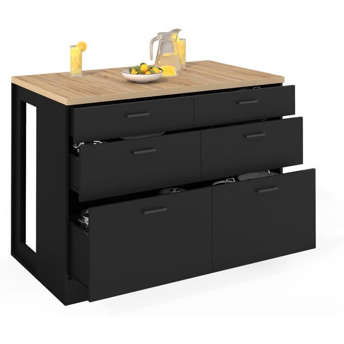 IDMarket Îlot Central Orso 120 cm Casserolier 6 tiroirs Noir et Bois Cuisine IDMarket Îlot Central Orso 120 cm Casserolier 6 tiroirs Noir et Bois Cuisine