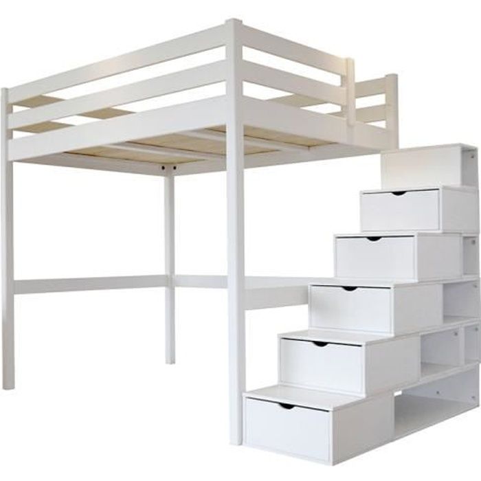 Lit Mezzanine Sylvia Avec Escalier Cube Bois Couleur Blanc