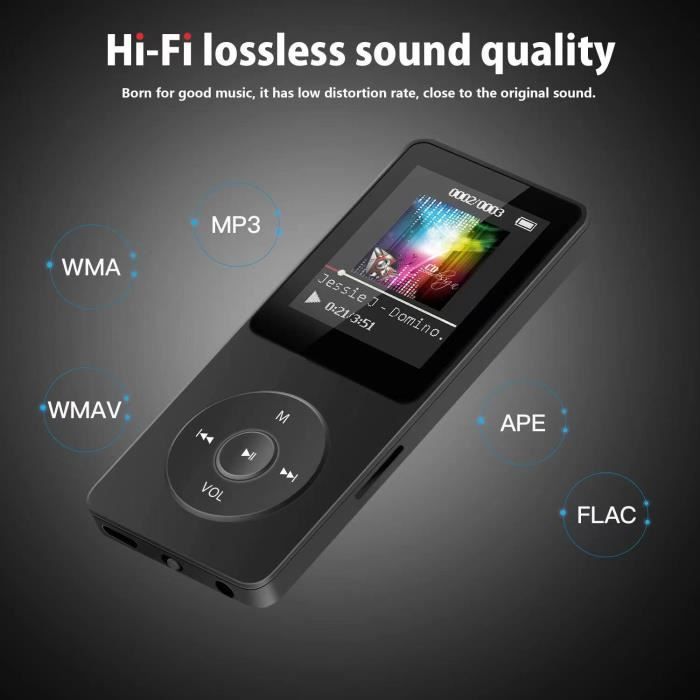 Lecteur MP3 Bluetooth Ultra Fin 1,8 Pouces - Écran LCD, Supporte Jusqu'à 64 Go - Autonomie 8h - Parfait Pour Le Sport