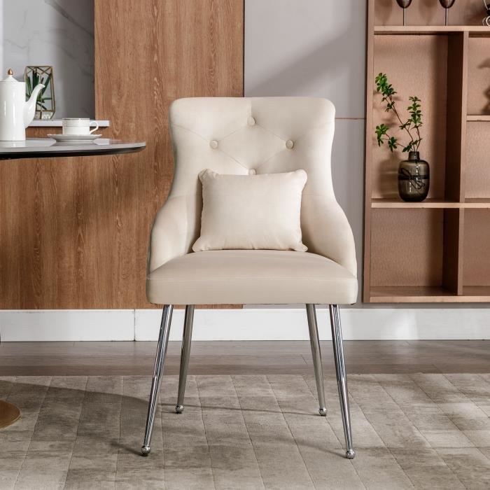 fauteuil rembourré, chaise à pieds en métal, avec coussin lombaire, chaise de salle à manger à motif de boutons, beige