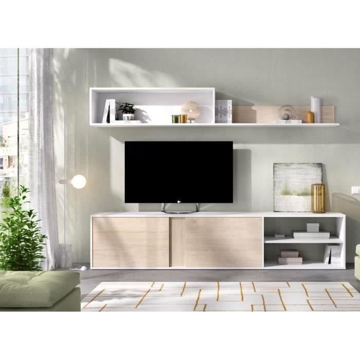 Ensemble de salon - ATLANTA - Meuble TV avec étagère murale - Blanc et chêne - 180 cm