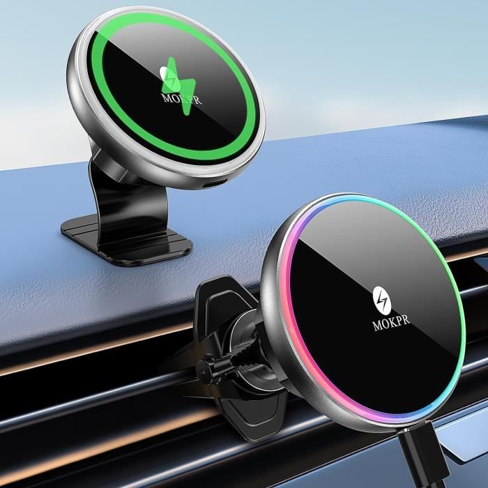 Support Voiture MagSafe Charge Rapide 15W - Ventouse Rotative 360°, Lumière RGB, Aimants N52 Puissants - Pour IPhone 12 à 16