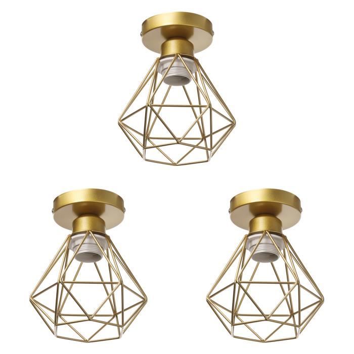 MOGOD Lot de 3 Plafonnier Moderne en Cage Doré Ø16cm Abat-jour en Forme de Diamant E27 Applique Mural Éclairage Luminaire