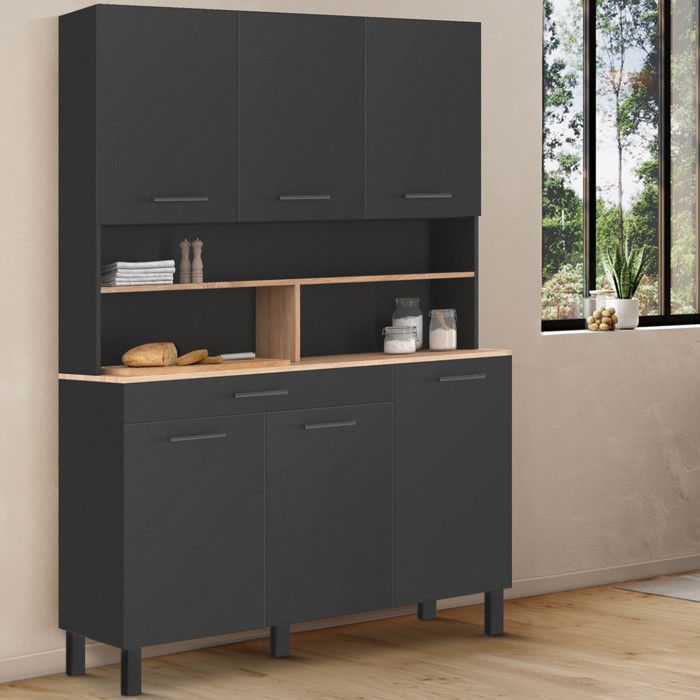 IDMARKET Buffet de cuisine 120 cm CINA 6 portes + tiroir noir et plateaux façon hêtre