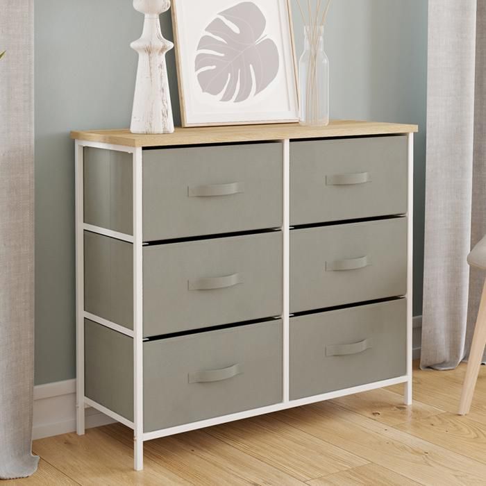 IDMARKET Commode 6 tiroirs en tissu ALTA 80 cm gris clair et plateau effet bois design industriel IDMARKET Commode 6 tiroirs en tissu ALTA 80 cm gris clair et plateau effet bois design industriel