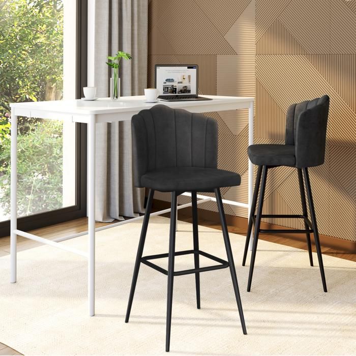 IDMARKET Lot de 2 tabourets de bar coquillage ADELLA gris anthracite en velours pieds noirs IDMARKET Lot de 2 tabourets de bar coquillage ADELLA gris anthracite en velours pieds noirs