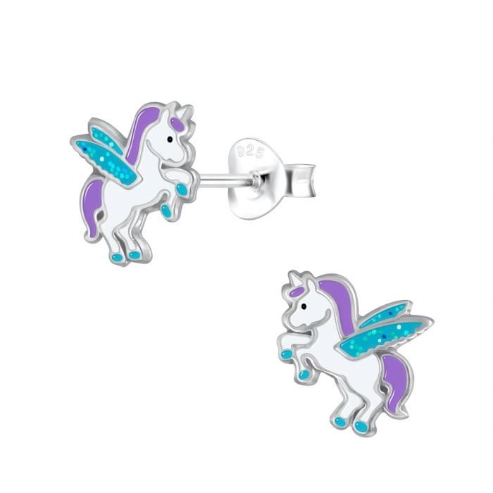 Boucles D'oreilles Puces Licorne Multicolores - Argent Massif 925 Pour Enfant, Neuves