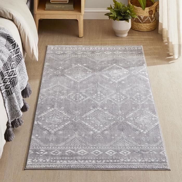 Tapis de salon 80 x 150 cm Antidérapant Lavable en Machine Style Bohème Gris Tourterelle
