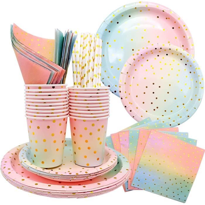 AMJKEJI 24 invités Vaisselle Jetable Fête Or Rose, Anniire Fête Papier Assiettes, Papier Gobelet