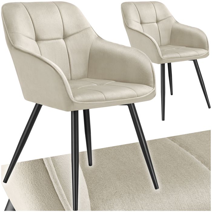 Chaise - TECTAKE - Lot de 2 chaises MARYLIN effet velours capitonné rembourrée et pieds acier noir 58 x 62 x 82 cm - Crème/Noir