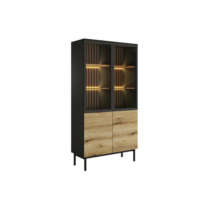 Vitrine 4 portes avec LEDs - Naturel et noir - LABENIA
