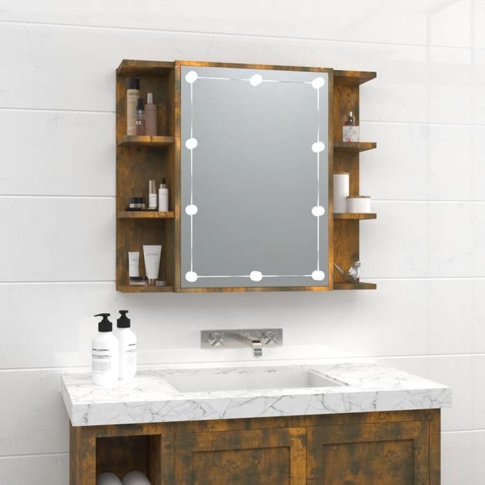 vidaXL Armoire à Miroir avec LED Armoire de Rangement Miroir de Maquillage Meuble de Salle de Bain Maison Intérieur Chêne 820451