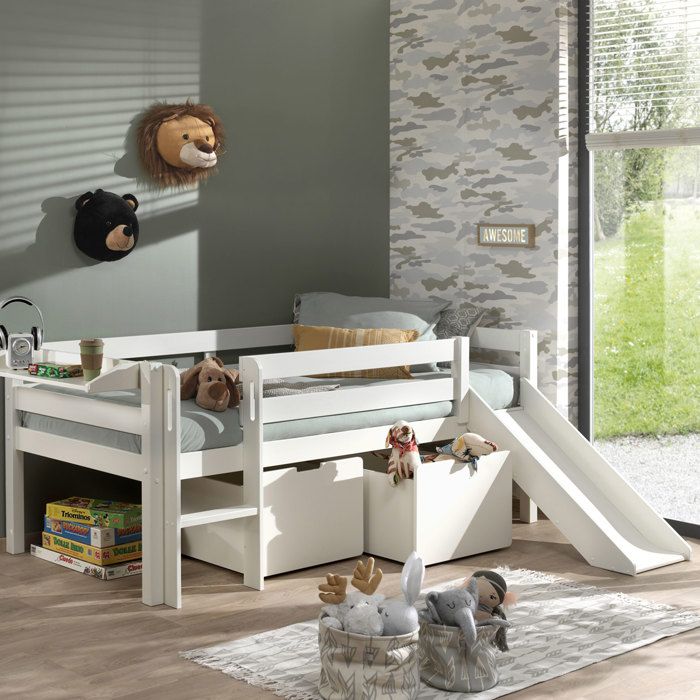 Lit mi-hauteur toboggan + 2 tiroirs + étagère 90x200 cm blanc - PINO