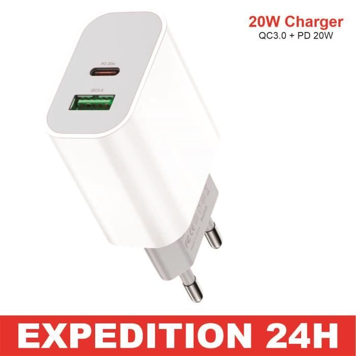 Chargeur Cable USB?C+ Adaptateur 20W Rapide Pour iPhone  13/12/11/XR/Xs/Max/8/7