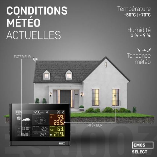 Station météo EMOS avec anémomètre et pluviomètre, système météo sans fil  intérieur et