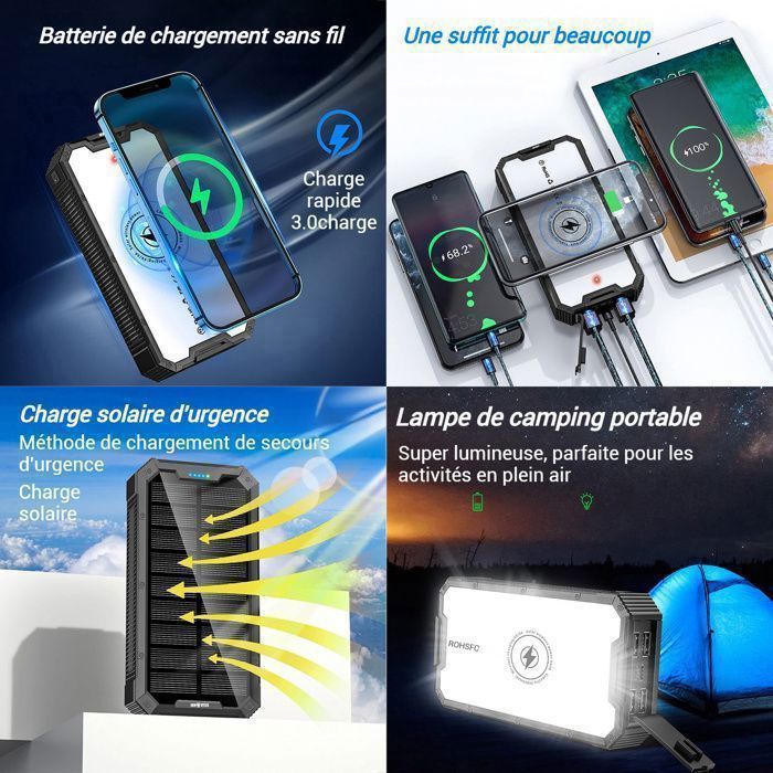 Portable 220V Solaire, Sunowl 32 000 MAh Batterie Solaire Rapide Et Charge Sans Fil Avec 3 Sorties USB/Type C Et 36 Perles - Tu00e9lu00e9phonie Batterie Externe