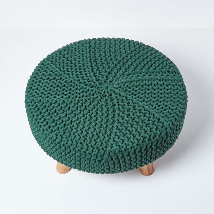 HOMESCAPES Pouf Tressé Tricot Pieds Bois Bleu Marine 62x62x30 Cm - Repose-pieds Salon