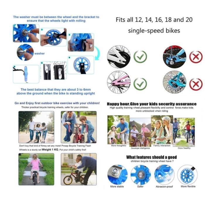 Roues Stabilisatrices Universelles Pour Vélo Enfant – Réglables, 12 à 20 Pouces, Bleu, Avec éclairage, Silencieuses
