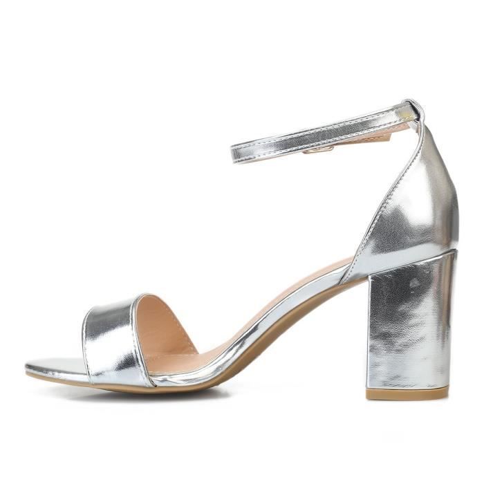 Sandales argentees a talon carre LA MODEUSE Gris Bride ajustable Femme Synthetique Gris Cdiscount Chaussures