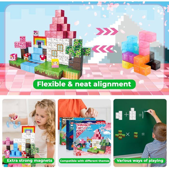 Lot De 100 Blocs De Construction Magnétique, Jouets De Princesse, Cadeaux D'Anniversaire De Pâques, Château Rose Et Carreaux De Pi - Jeux - Jouets