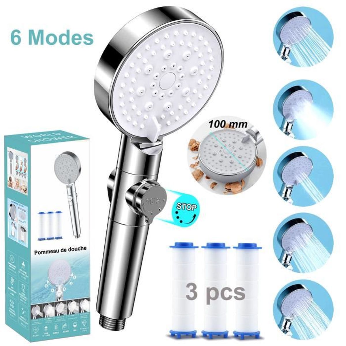 Pommeau de douche Anti calcaire avec 3 filtre, 6 modes Pommeau de