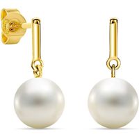 Miore Bijoux pour Femmes Boucles d'Oreilles pendantes avec Perles d'eau douce blanches 7.5 mm Boucles d'Oreilles en Or Jaune 