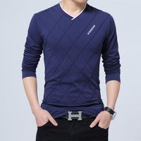 T-shirt Slim Fit en coton à manches longues Col V pour Hommes Printemps Automne Bleu