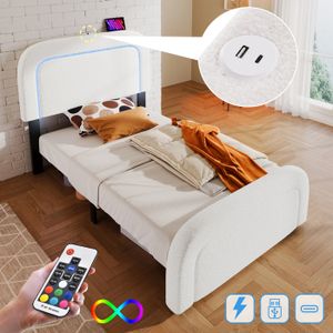SOMMIER Cadre de lit avec fonction de chargement USB Type C,éclairage LED,lit simple rembourré 90x200cm,sommier à lattes en bois,blanc
