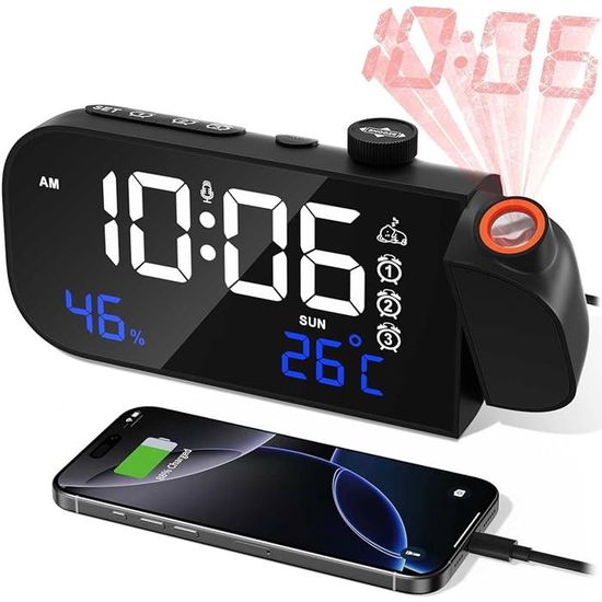 Réveil Projecteur Numérique Avec Station Météo - Projection Rotative 180°, Humidité, Température