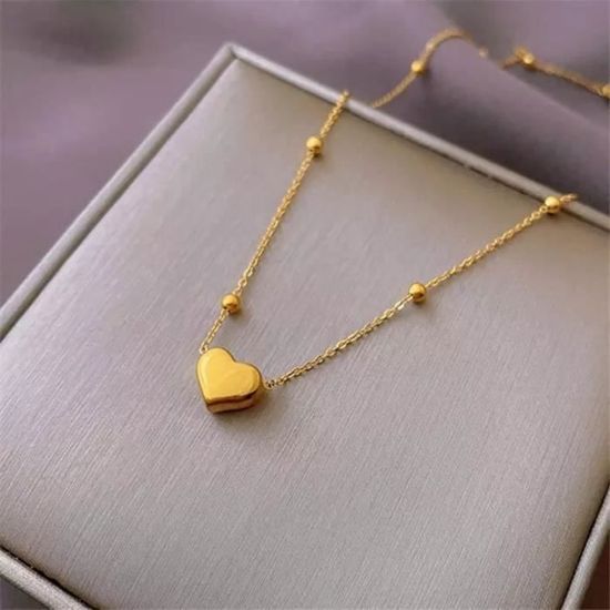 Collier Coeur Porte-bonheur En Acier Inox Plaqué Or Rose - 41-45cm, Neuf Avec étiquette