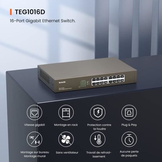 TENDA Switch Ethernet 16 Ports Gigabit 10/100/1000 Mbps，Auto MDI/MDIX, Plug & Play, Métal TEG1016D