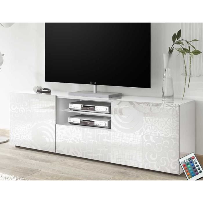 Grand meuble TV blanc laqué design ELMA Avec éclairage