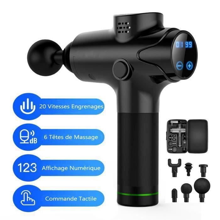Pistolet de Massage Musculaire, pour Récupération de Fatigue(20 Niveaux Réglables, 6 Têtes de Massage et Ecran LCD HD) - Noir