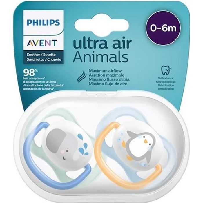 Avent Sucette Symétrique Ultra Air +0m Animal Bleu Lot de 2