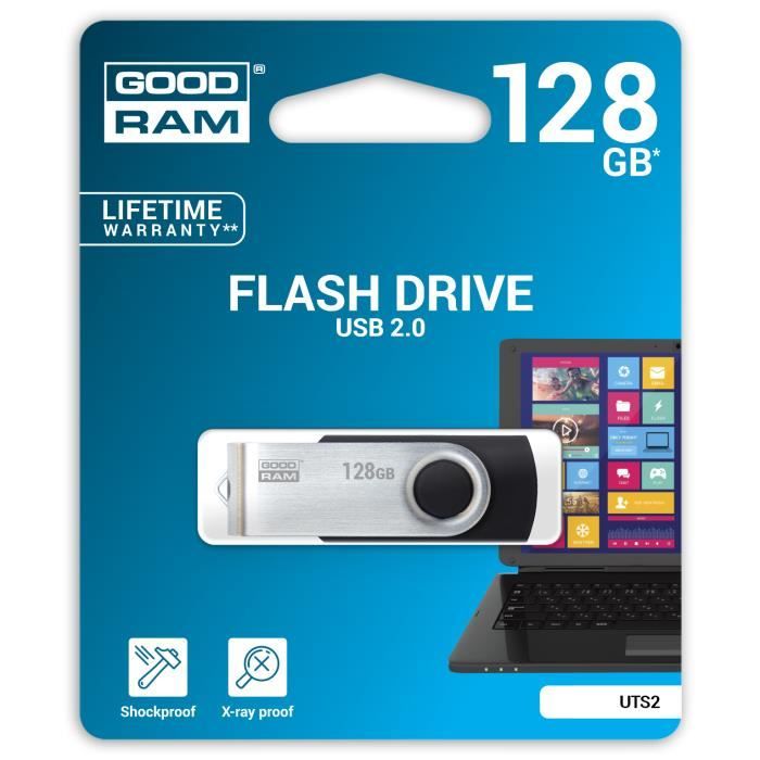 Goodram 128GB USB 2.0, 128 Go, 2.0, Connecteur USB Type-A, 20 Mo-s, Pivotant, Noir, Argent