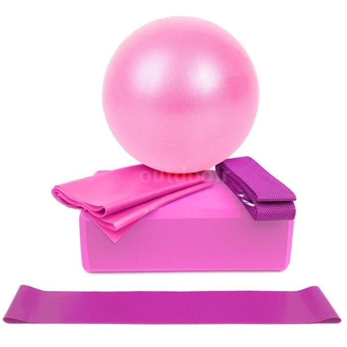 5Pcs Ballon de Yoga 25cm PVC+Bande Élastique 59 Pouces +Bloc de Yoga+Sangle en coton+Bande de boucle Rose