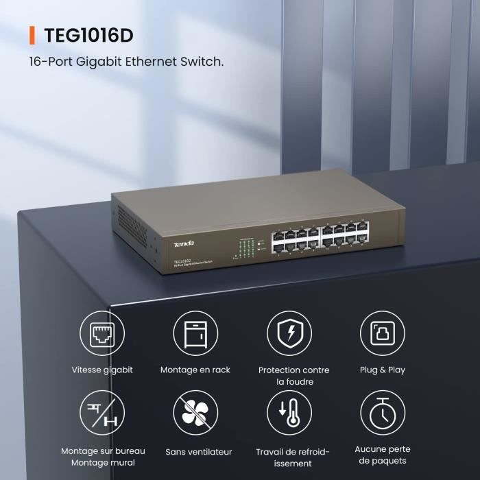 Switch Ethernet 16 Ports, Switch Gigabit 10/100/1000 Mbps,Tenda TEG1016D，Auto MDI/MDIX, Plug & Play, Métal