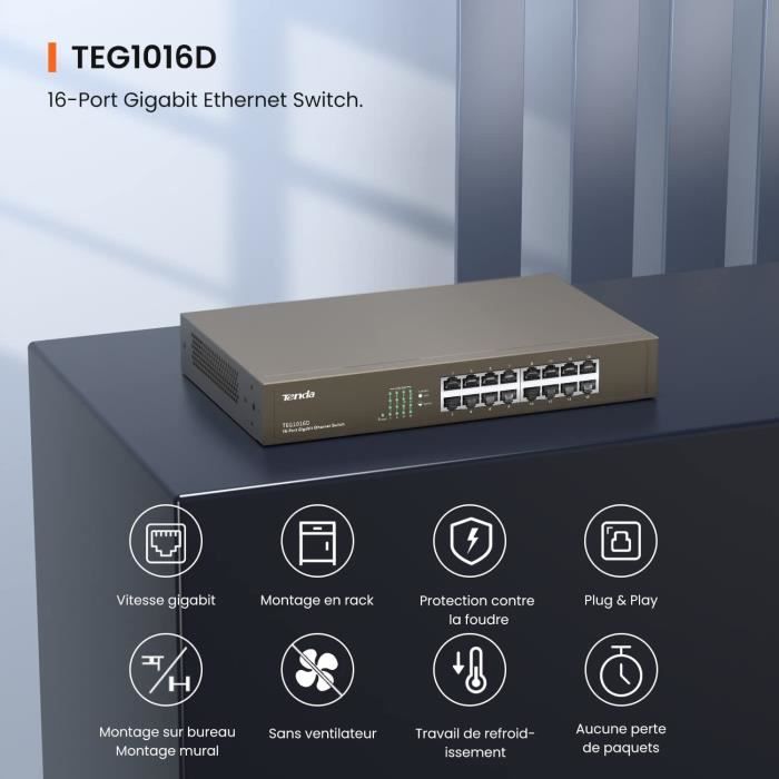 Switch Ethernet 16 Ports, Switch Gigabit 10/100/1000 Mbps,Tenda TEG1016D,Auto MDI/MDIX, Plug & Play, Métal