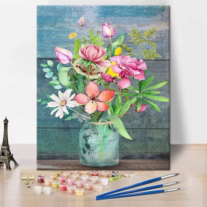 Kit Peinture Par Numéros Pour Adultes - 4 Toiles Fleurs Encadrées 20x30 Cm | Peinture Acrylique, Pinceaux Et Chevalet Inclus