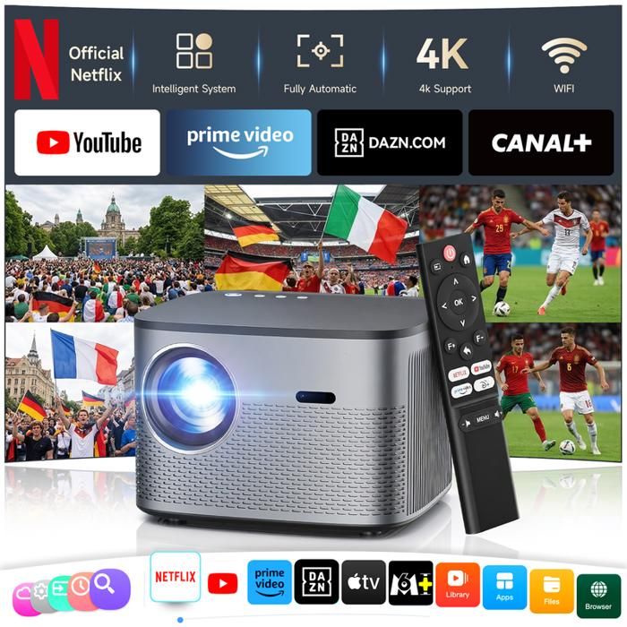 Vidéoprojecteur 4K[Netflix Officiel/Dolby/Auto Focus]800 ANSI Projecteur 4K Courte Focale Bluetooth FHD 1080P, Videoprojecteur Portable WiFi6 Rotatif 360° Zoom 50% Mini RétroProjecteur 4k Home Cinéma