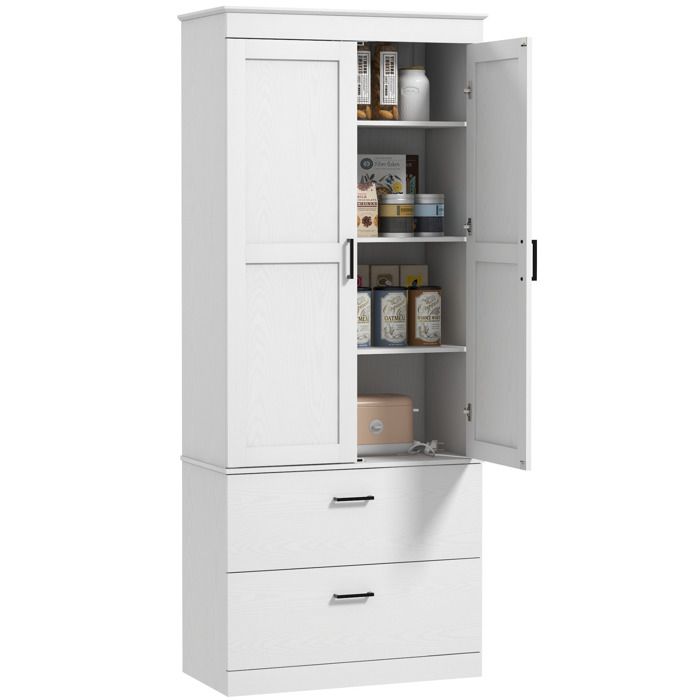 HOMCOM Armoire De Cuisine Contemporaine Multi-rangements 4 Portes Grand Tiroir Dim 76l X 40l X 183h Cm Panneaux Particules Mdf Blanc