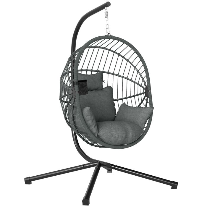 Fauteuil œuf suspendu - Outsunny - intérieur et extérieur - panier pliable - coussin rembourré - poche - cadre en acier - gris